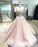 Two Pieces High Neck Long Prom Dresses Applique Pink Lace Quinceanera Formal Dress SED096