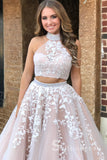 Two Pieces High Neck Long Prom Dresses Applique Pink Lace Quinceanera Formal Dress SED096