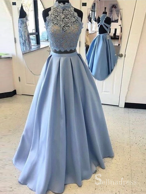 Two Pieces Light Sky Blue Lace Long Prom Dresses HIgh Neck Lace Evening Dress CBD534|Selinadress