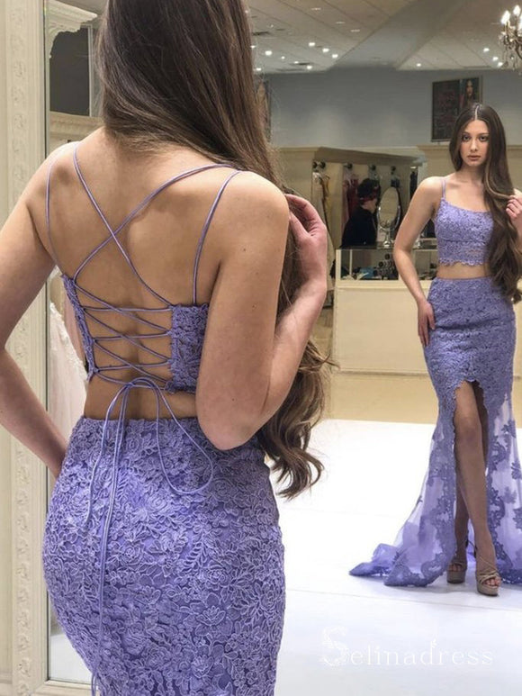 Two Pieces Mermaid Lavender Prom Dresses Lace Long Evening Gowns CBD546|Selinadress