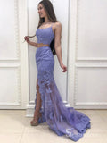 Two Pieces Mermaid Lavender Prom Dresses Lace Long Evening Gowns CBD546|Selinadress