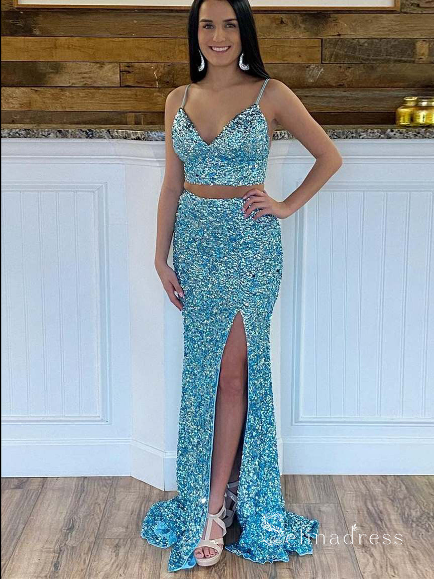 Sequin Two Piece Spaghetti Strap Dress Spaghetti Straps Two Piece Blue Sequin Prom Dress With Side Sequin Two Piece Spaghetti Strap Dress Spaghetti Straps Two Piece Blue Sequin Prom Dress With Side