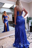 Two Pieces Mermaid Spaghetti Straps Sparkly Long Prom Dresses Sequins Evening Dress MHL2889|Selinadress
