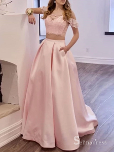 Two Pieces Off-the-shoulder Lace Long Prom Dresses Pink Formal Gowns CBD535|Selinadress