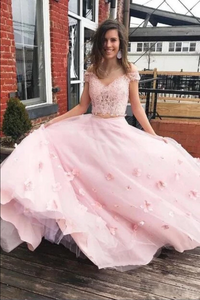 Two Pieces Off-the-shoulder Lace Long Prom Dresses Pink Formal Gowns CBD536