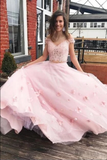 Two Pieces Off-the-shoulder Lace Long Prom Dresses Pink Formal Gowns CBD536