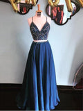Two Pieces Royal Blue Beaded Gorgeous Prom Dresses Long Formal Dress Evening Gowns SED112