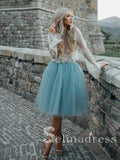Two Pieces See through Lace Homecoming Dress With Sleeve Short Prom Drsess HML007|Selinadress