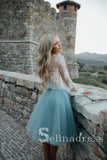 Two Pieces See through Lace Homecoming Dress With Sleeve Short Prom Drsess HML007|Selinadress
