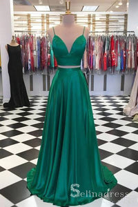 Two Pieces Spaghetti Straps Prom Dresses Cheap Simple Long Formal Evening Gowns SED118|Selinadress
