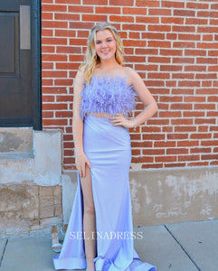 Two Pieces Strapless Elegant Long Prom Dress With Feather Lavender Party Dress #LOP003|Selinadress