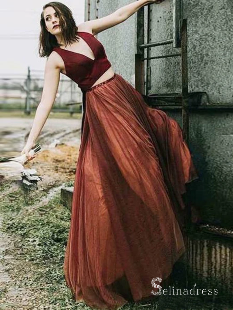 maroon prom dresses two piece Fabulous Two piece Halter Maroon Backless Long Prom Dress With Beading, MP207