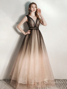 Unique A-line Straps Black Sparkly Long Prom Dresses Formal Gowns SC015