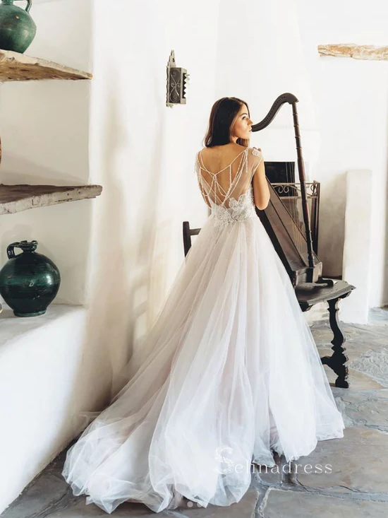 Unique Champagne Tulle Long Formal Dress Beaded Wedding Gowns