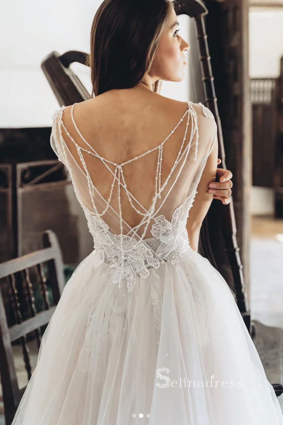 Unique Champagne Tulle Long Formal Dress Beaded Wedding Gowns cbd504 SELINADRESS Unique Champagne Tulle Long Formal Dress Beaded Wedding Gowns cbd504 SELINADRESS