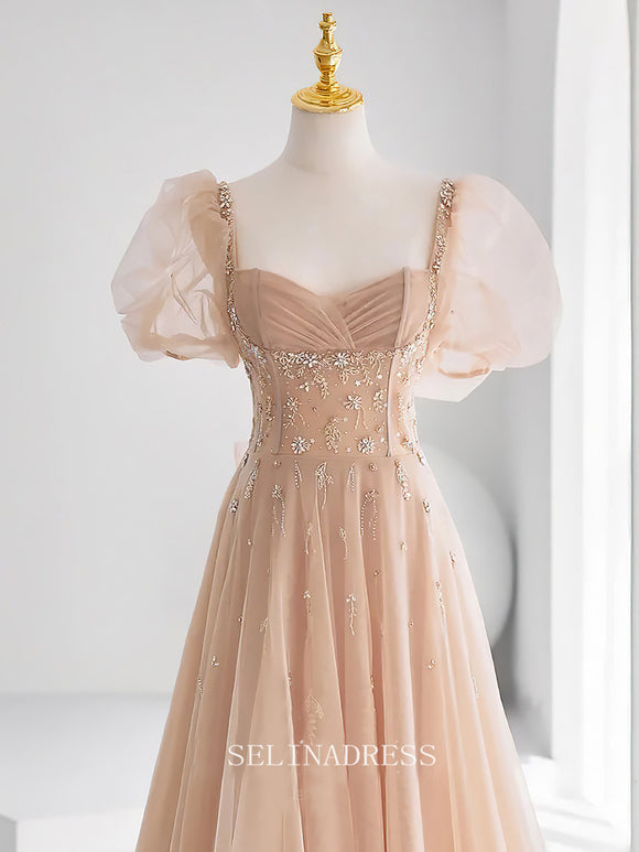 Unique Long Prom Dress Beaded Quincess Dresses A Line Champagne Prom Dress With Sleeve Party Dress OCN009|Selinadress