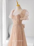 Unique Long Prom Dress Beaded Quincess Dresses A Line Champagne Prom Dress With Sleeve Party Dress OCN009|Selinadress
