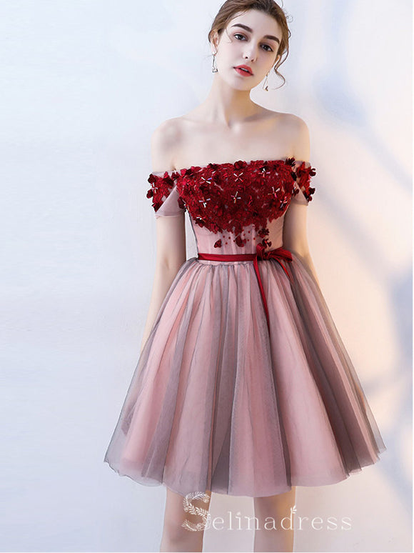 Unique Off-the-shoulder Burgundy Cute Short Ptom Dress Homecoming Dresses MHL036