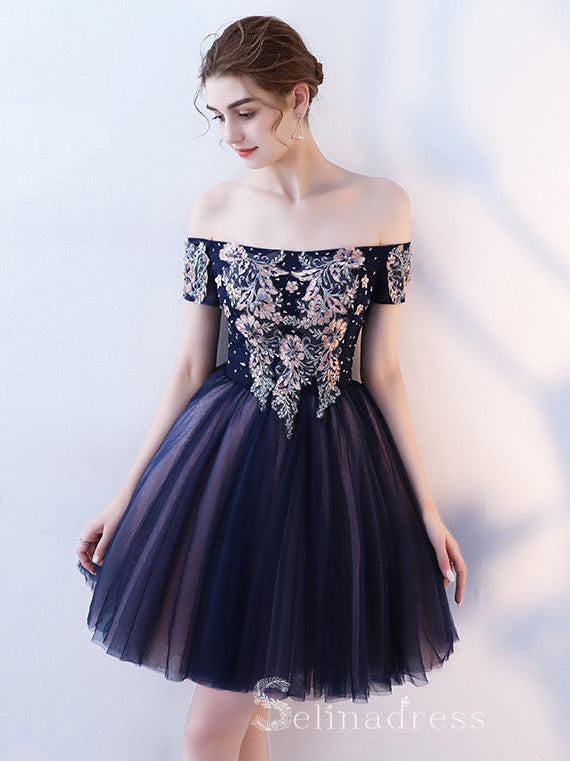 Unique Off-the-shoulder Dark Navy Cute Short Ptom Dress Homecoming Dresses MHL034 Unique Off-the-shoulder Dark Navy Cute Short Ptom Dress Homecoming Dresses MHL034