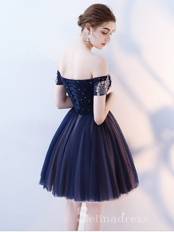 Unique Off-the-shoulder Dark Navy Cute Short Ptom Dress Homecoming Dresses MHL034 SELINADRESS Unique Off-the-shoulder Dark Navy Cute Short Ptom Dress Homecoming Dresses MHL034 SELINADRESS