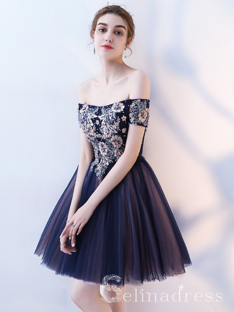 navy homecoming dresses Unique Off-the-shoulder Dark Navy Cute Short Ptom Dress Homecoming Dresses MHL034 – SELINADRESS