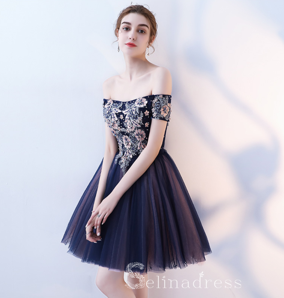 Cute Short Fall Dresses Unique Off-the-shoulder Dark Navy Cute Short Ptom Dress Homecoming Dresses MHL034 SELINADRESS Cute Short Fall Dresses Unique Off-the-shoulder Dark Navy Cute Short Ptom Dress Homecoming Dresses MHL034 SELINADRESS