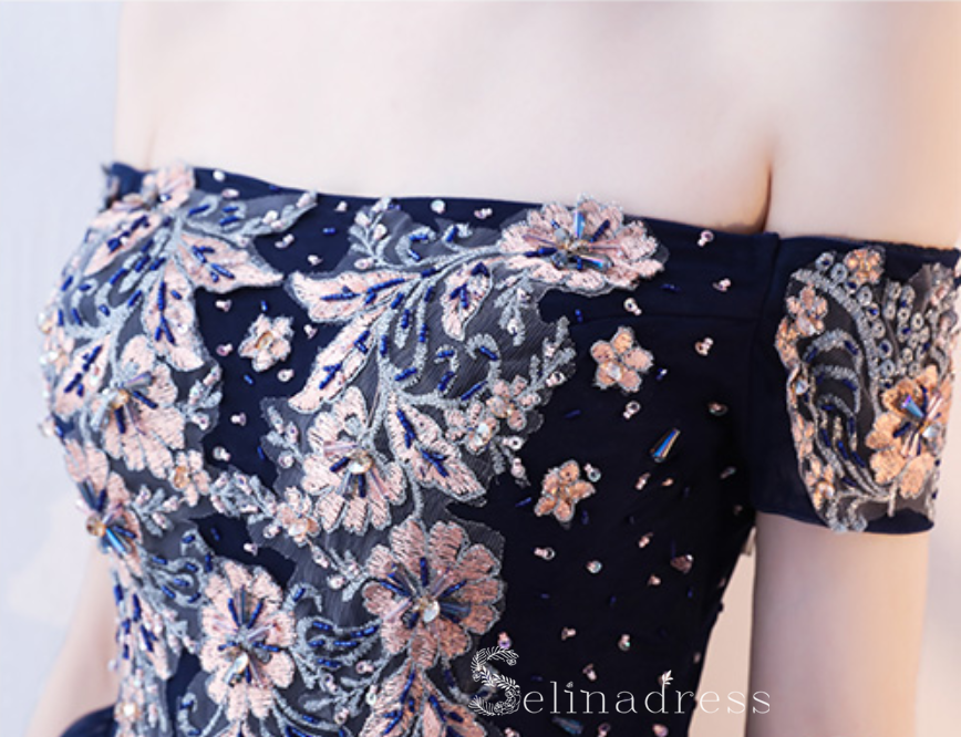 Unique Off-the-shoulder Dark Navy Cute Short Ptom Dress Homecoming Dresses MHL034 SELINADRESS Unique Off-the-shoulder Dark Navy Cute Short Ptom Dress Homecoming Dresses MHL034 SELINADRESS