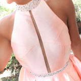 Unique Pink High Neck Short Prom Dresses Beaded Homecoming Dress MHL107