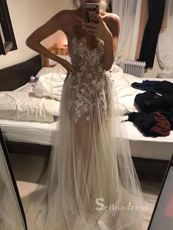 Unique See through V neck Tulle Long Prom Dress Applqiue Evening Dress cbd503|Selinadress