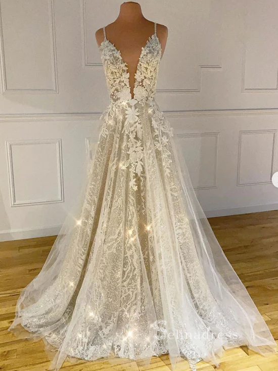 Unique V neck Tulle Lace Long Prom Dress Applique Sparkly Evening Dress cbd502|Selinadress