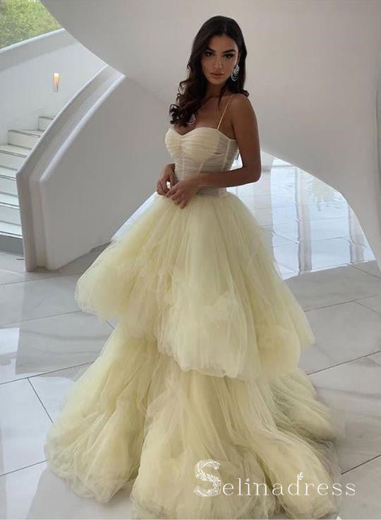 Unique Yellow Tulle Spaghetti Straps Long Prom Dress Cheap Evening Dress SED125|Selinadress