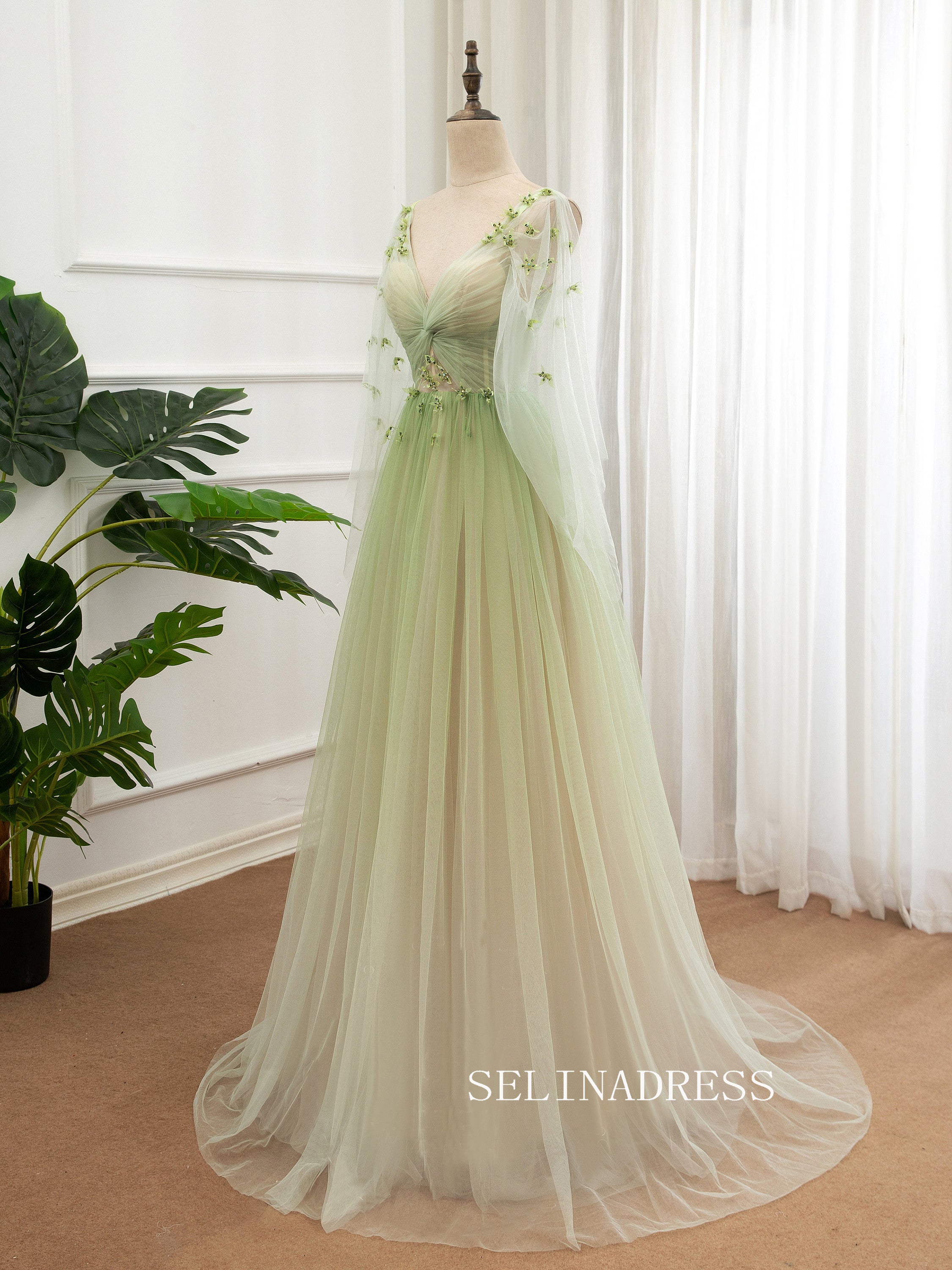 V neck A-line Ombre Prom Dress With Long Sleeve Elegant Evening Dress SELINADRESS V neck A-line Ombre Prom Dress With Long Sleeve Elegant Evening Dress SELINADRESS