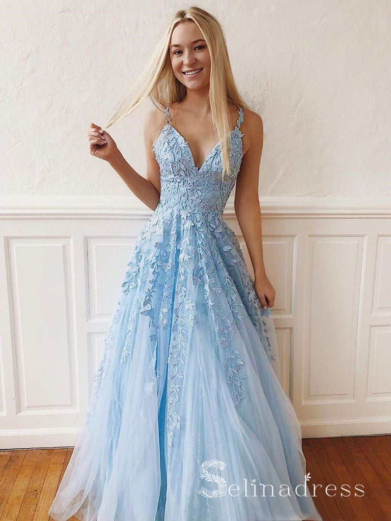 V Neck Baby Blue Lace Long Senior Prom Dress With Applique Tulle Vinta SELINADRESS V Neck Baby Blue Lace Long Senior Prom Dress With Applique Tulle Vinta SELINADRESS