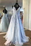 V Neck Baby Blue Lace Long Senior Prom Dress With Applique Tulle Vintage Evening Dress SED033