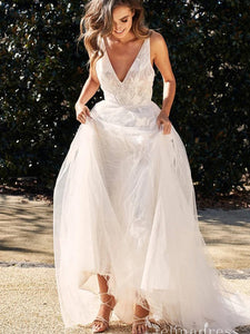 V neck Beach Wedding Dresses Rustic Lace Wedding Dresses SEW021