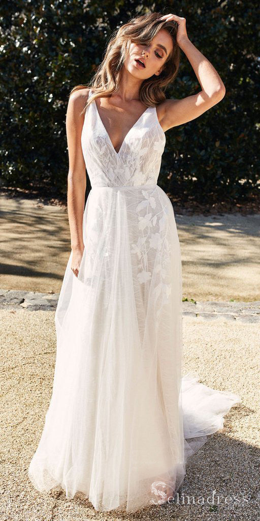 Simple V-neck Beach Wedding Dresses Sleeveless main image 0