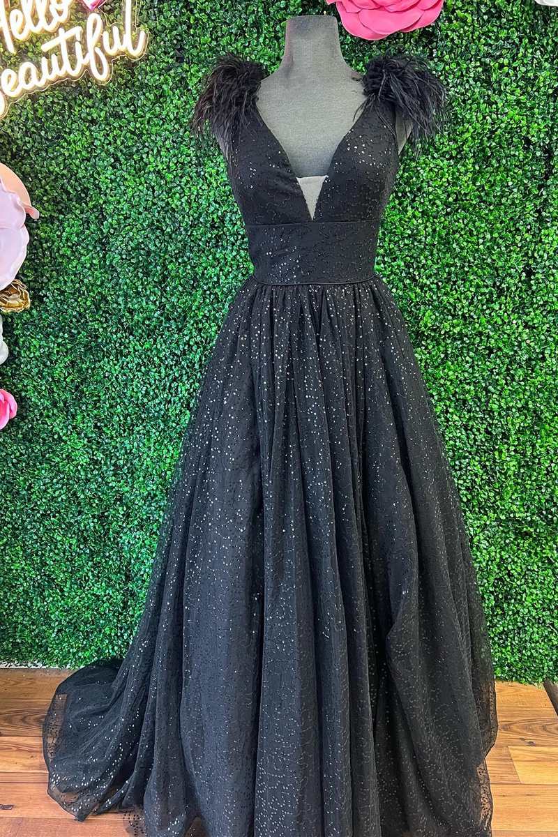 V Neck Inexpensive Black Formal Dresses V Neck Black Prom Dress Sequins Feather Cheap Evening Dresses With Slit #QWE014 V Neck Inexpensive Black Formal Dresses V Neck Black Prom Dress Sequins Feather Cheap Evening Dresses With Slit #QWE014
