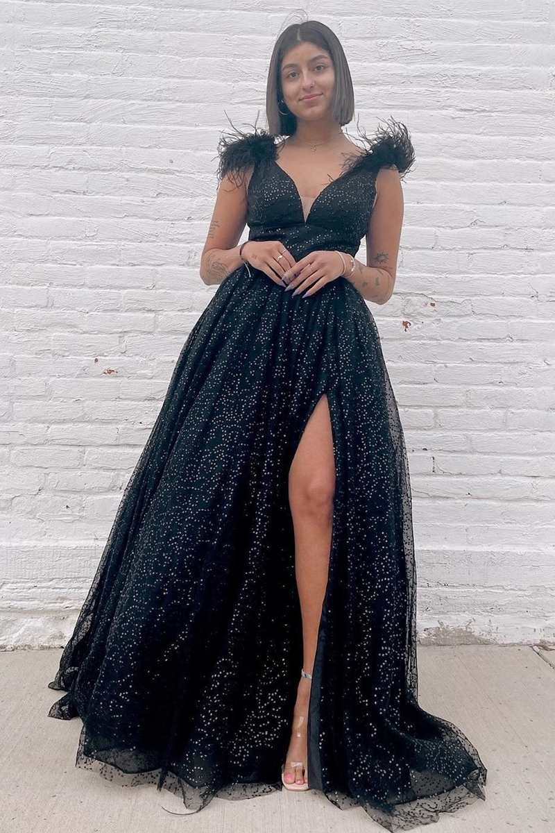 V Neck Black Prom Dress Sequins Feather Cheap Evening Dresses With Sli SELINADRESS V Neck Black Prom Dress Sequins Feather Cheap Evening Dresses With Sli SELINADRESS