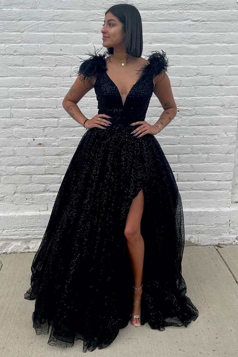 V Neck Black Prom Dress Sequins Feather Cheap Evening Dresses With Sli – SELINADRESS
