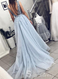V neck Blue Beaded Long Prom Dress Gorgeous Backless Formal Pageant Evening Dress SED048|Selinadress
