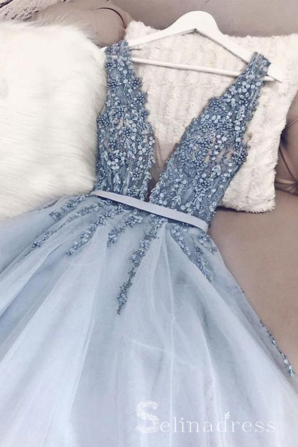 V neck Blue Beaded Long Prom Dress Gorgeous Backless Formal Pageant Evening Dress SED048|Selinadress