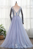 V neck Blue Beaded Long Prom Dress Long Sleeve Tulle Formal Dress Evening Gowns SED045|Selinadress