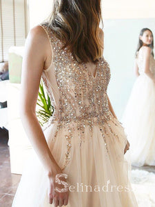 V neck Champagne Prom Dresses Long Sparkly Charming Evening Dress Formal Gowns SED150|Selinadress
