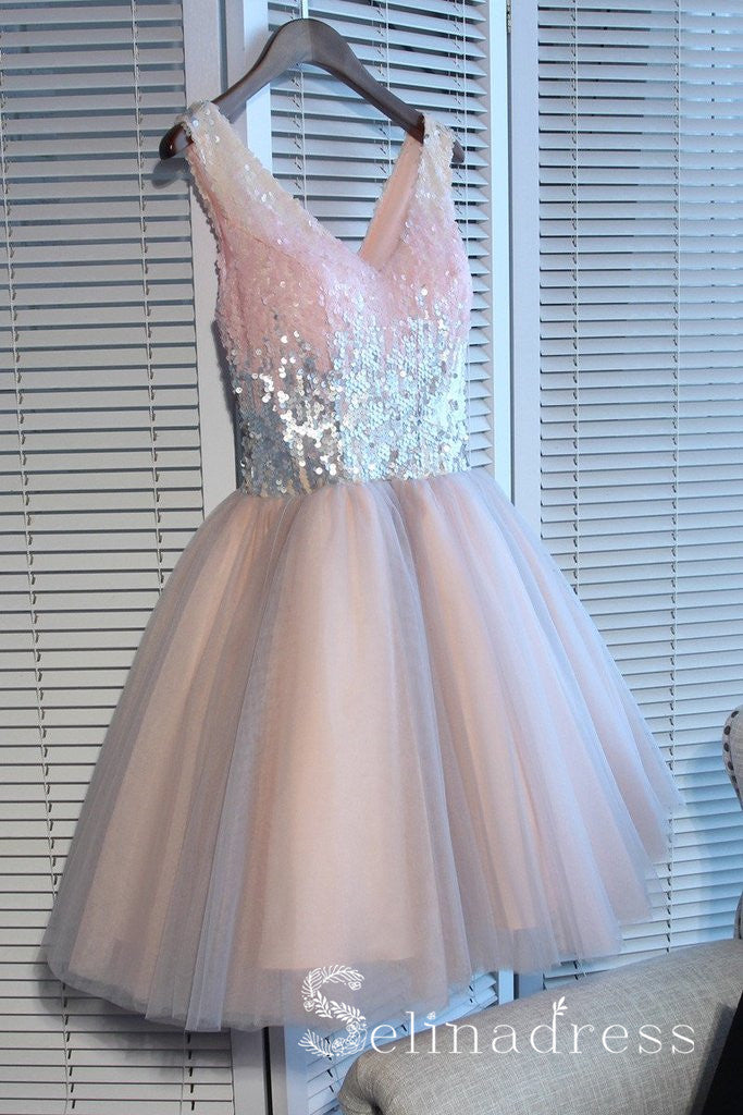 V neck Cute Homecoming Dresses With Sequins Pink Juniors Short Prom Dr SELINADRESS V neck Cute Homecoming Dresses With Sequins Pink Juniors Short Prom Dr SELINADRESS