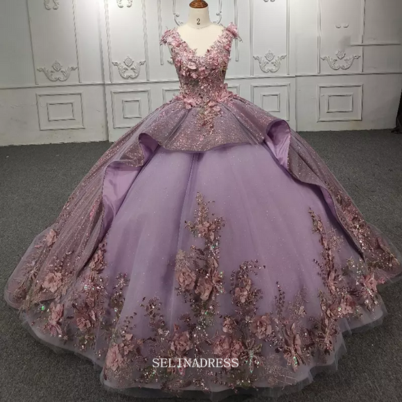 V neck Flower Tiered Sleeveless Ball Gown Evening Dress For Women DY9972|Selinadress