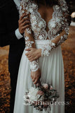 V neck Long Sleeve Lace Wedding Dresses Rustic Chiffon Wedding Dress SEW046