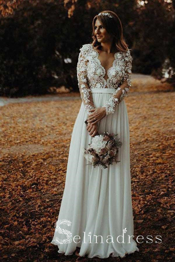 V neck Long Sleeve Lace Wedding Dresses Rustic Chiffon Wedding Dress SEW046 V neck Long Sleeve Lace Wedding Dresses Rustic Chiffon Wedding Dress SEW046