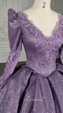 V neck Shiny Purple Ball Gown Evening Party Dress With Long Sleeve DY5622|Selinadress