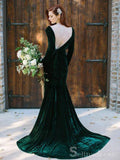 Velvet V neck Long Sleeve Prom Dresses Dark Green Mermaid Long Bridal Guest Dresses #SED176|Selinadress
