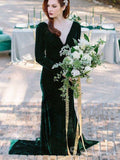 Velvet V neck Long Sleeve Prom Dresses Dark Green Mermaid Long Bridal Guest Dresses #SED176|Selinadress